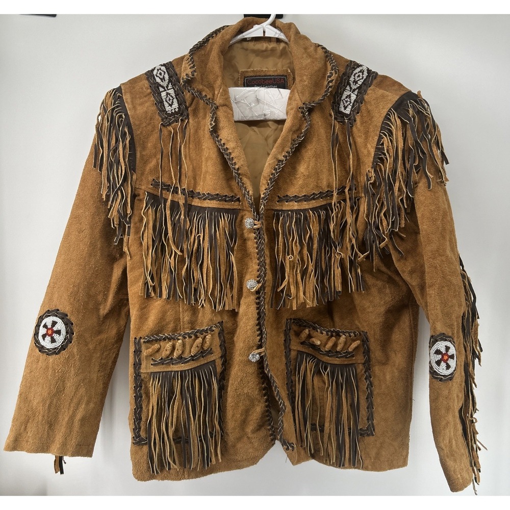 Cocobee Cowboy Western Suede Leather Jacket With Beadwork Tan Men's 5XL
